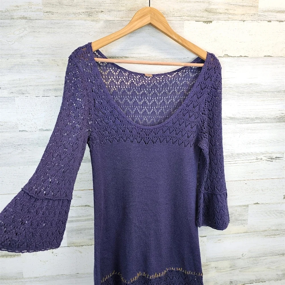Free People Crochet Knit Flare Sleeve Mini Dress S Purple Boho Romantic Fairy